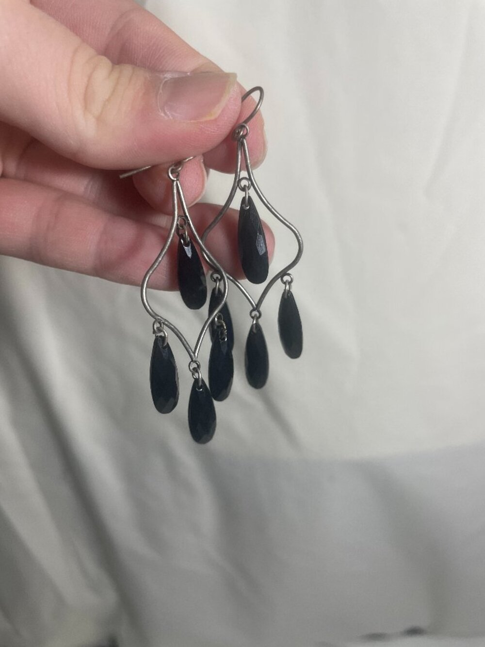 Black Faceted Teardrop Chandelier Earrings Silver Tone Dangle Pierced